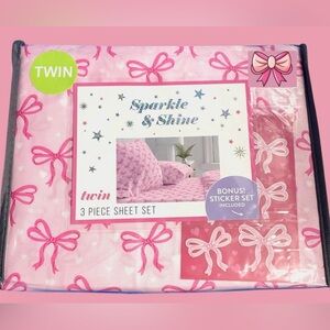 Twin Pink Bows 3-pc Sheet Set + Bonus Stickers Bowknot Ribbons NEW NIP